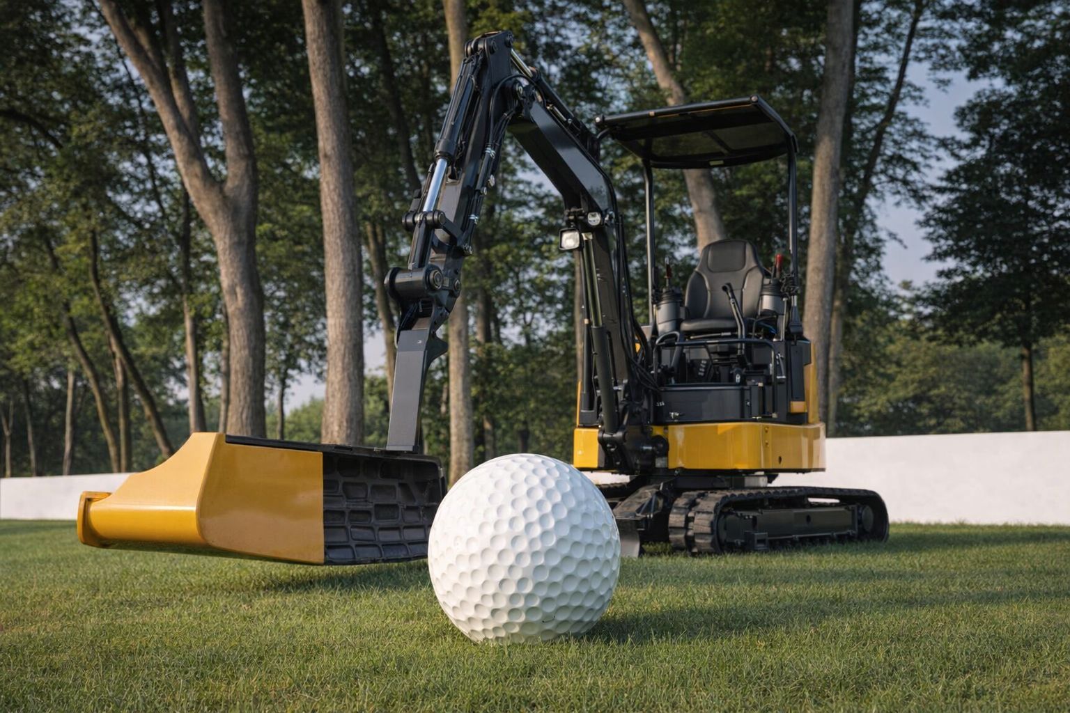 Minigrävare på gräs intill jättelik golfboll, träd i bakgrunden